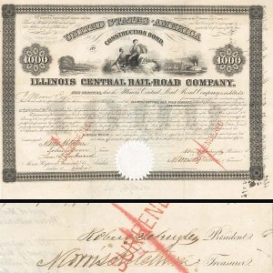 Illinois Central Bond signed by Robert Schuyler